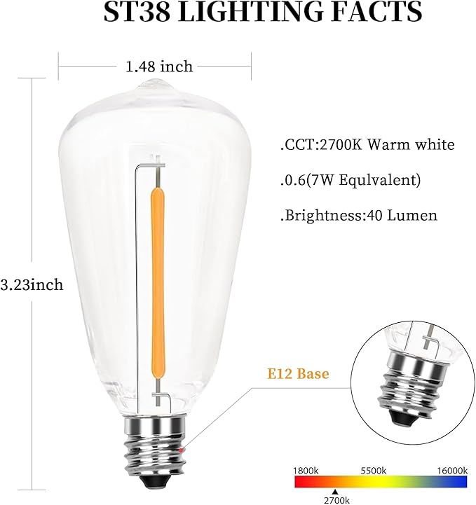 10 Pack ST38 Replacement Bulbs,Shatterproof Plastic Vintage LED Edison Bulbs C7/E12 Base 0.6W Clear Energy-Efficient Warm White 2700K for Indoor/Outdoor String Lights