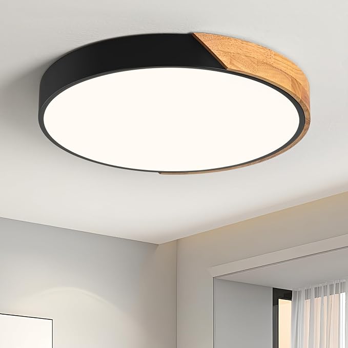Vikaey Modern LED Ceiling Light, Minimalist Wood Flush Mount Ceiling Light Fixture, 4000K Not Dimmable, Circle Lighting Lamp with Acrylic Lampshade for Bedroom Dining Room Laundry (Black,15.8")