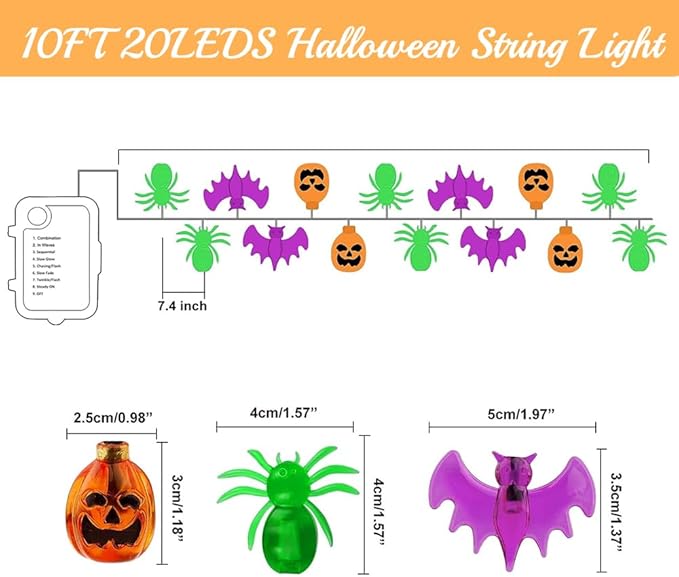 Halloween String Lights Battery Operated, Bat Ghost Spider Pumpkin Lights, Indoor Decorations for Cute Party Decor（3 Elements）