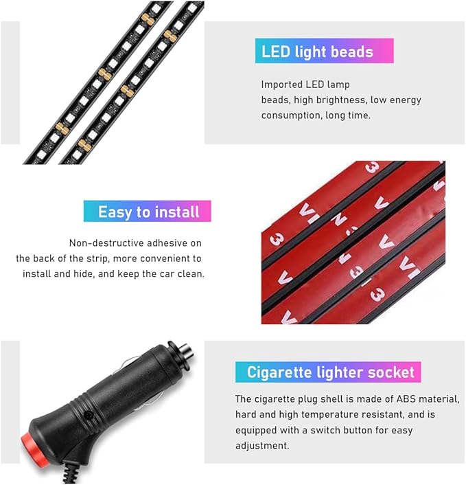 Car LED Strip Light, 48 LED RGB Auto Interior Atmosphere Lights, Cigarette Lighter Under Dash Ambient Night Light, Interior Lamp Lighting Kit (Blue, Cigarette Lighter)