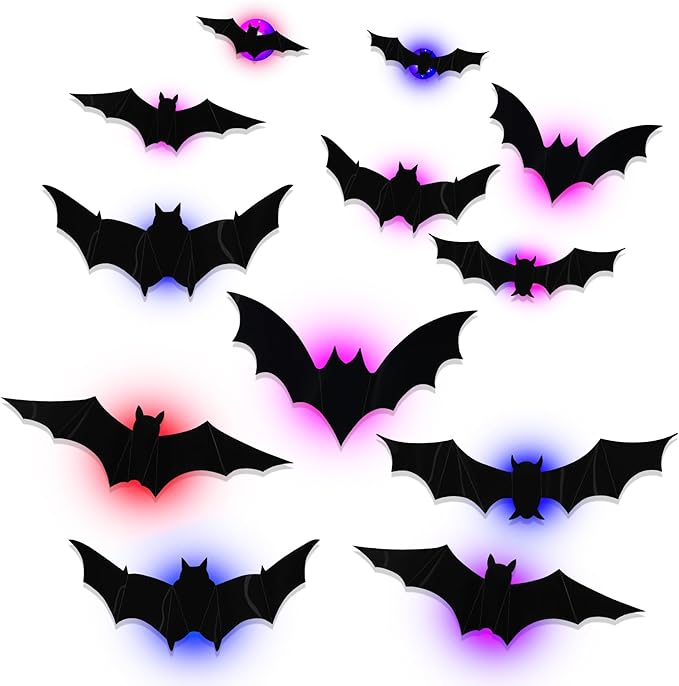 Halloween LED Bats Light Wall Stickers Glow in The Dark 3D Wall Decor for Home Decor Indoor Party Decorations (12, 5 Sizes)