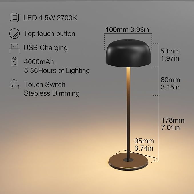Cordless Rechargeable LED Table Lamp, USB Powered Touch Control Light, Adjustable Height, Perfect for Couples' Dinner, Restaurants, and Camping (Black)