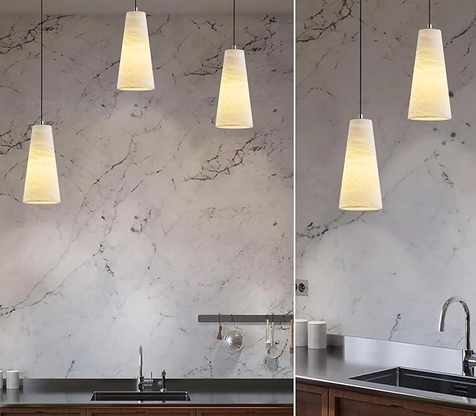 Alabaster Pendant Lights Kitchen Island,White Pendant Light, Marble Shade Black Cone Lighting Fixtures for Bedroom Bathroom Dining Room Living Room H-10in (Bulbs INCL)