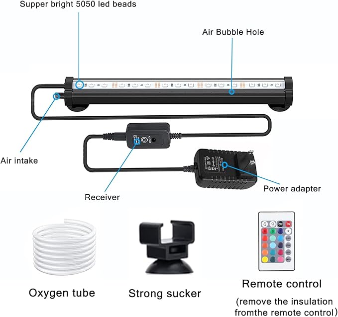 LED Aquarium Lights for Fish Tank,Submersible Fish Tank Light with Air Bubbler Hole Bubble Wall RGB Color Changing Brightness Adjustable Waterproof Remote Control Bubble Tube Light,3W 9inch