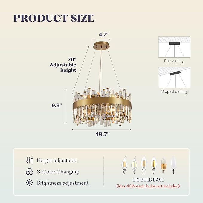 12-Light Modern Crystal Chandelier, 19.7'' Gold Chandelier Light Fixture, Brushed Gold 2-Tiers Raindrop K9 Crystal Ceiling Light Adjustable Round Chandeliers for Dining Room Bedroom Bathroom Entryway