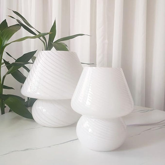 Swirl Mushroom Lamp, Translucent Glass Table Bedside Lamps Italian Style Modern Striped Desk Light for Baby Home Decoration of Dining, Living, Study (Striped White, Mini Dia5.1*H7.1 Inches)