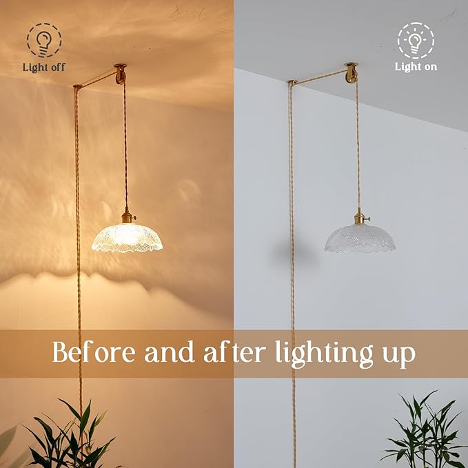 Hanging Lamp Plug in,Braided Adjustable 14Ft Light Cord Plug in Pendant Light 9.8 Inch Glass Lampshade Hanging Ceiling Light Kitchen Island On/Off Switch Hanging Lights
