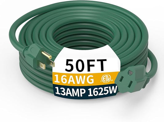 50FT 16/3 Gauge Green Outdoor Extension Cord Waterproof Light Duty, 3 Prong Cold Weatherproof -40℉ Flexible Power Cord, 13A 1625W SJTW ETL Listed for Lawn Mower, Christmas Lights, Tools