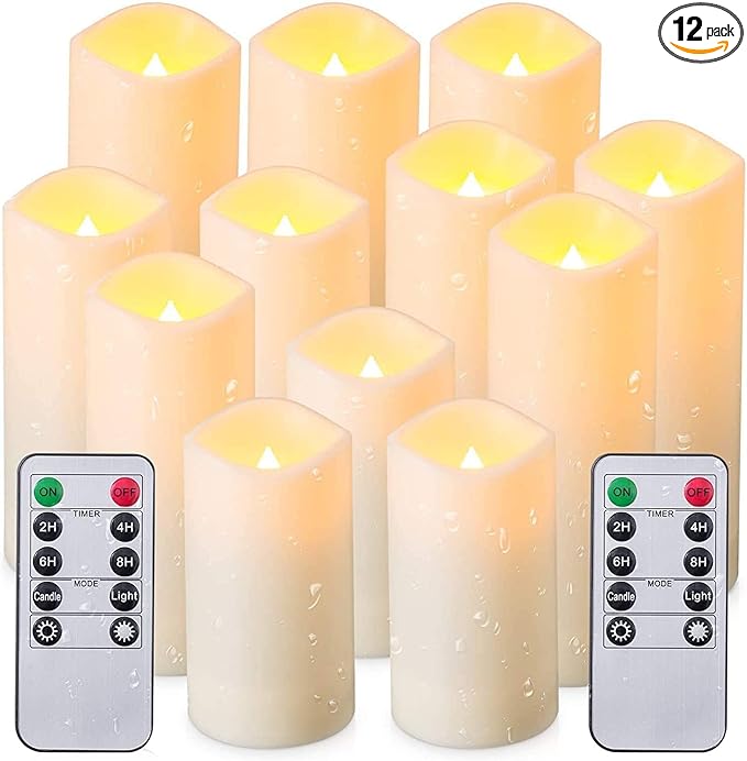 Flameless Candles with Remote & 2/4/6/8H Timers, Outdoor Indoor Waterproof Remote Candles Battery Operated, Electric Led Candles 12pcs for Home/Wedding Decor (D 2.2'' x H 4'' 5'' 6'' 7'')