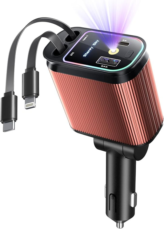 Starlight Retractable Car Charger with Retractable Cables, Starlight in Car Roof 4 in 1 Super Fast USB C Car Phone Charger, 2 USB Ports Starry Sky Adapter, Compatible with iPhone 17 16 15 14 13 12