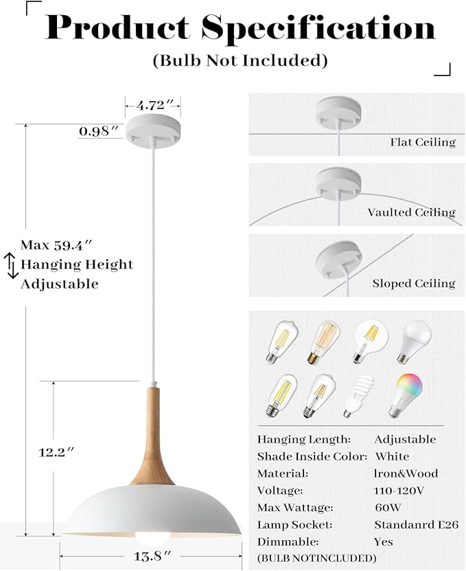 White and Wood Pendant Light, Modern White Pendant Light 3 Packs, 13.8 inch White Wood Pendant Lights Kitchen Island for Kitchen, Dining Room, Living Room
