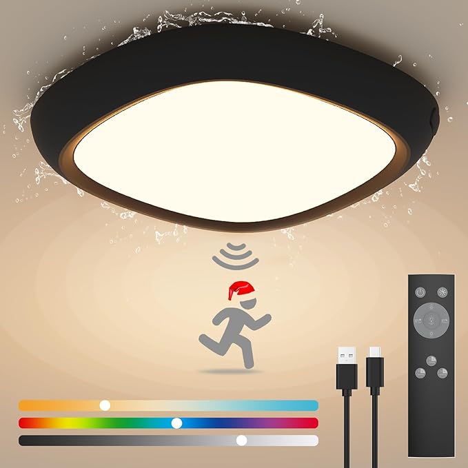 Motion Sensor Rechargeable Ceiling Light with Remote, 550LM 12000mAh Wireless IP54 Waterproof Shower Lights Battery Operated RGB Closet Light Sensored Indoor LED Overhead Lighting No Wiring for Garage
