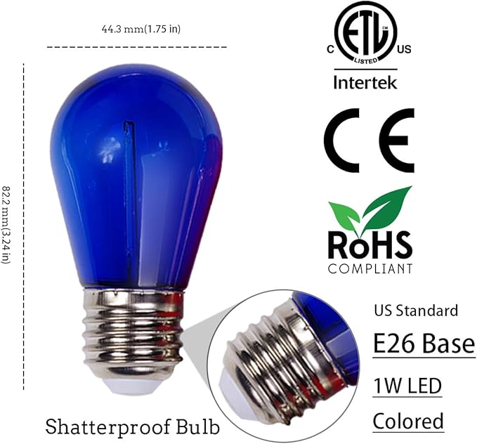 24-Pack S14 Colored LED String Light Bulbs Replacement, E26 Base 1W Plastic Shatterproof Waterproof, Christmas Light Bulb Red, Green, Yellow, Blue