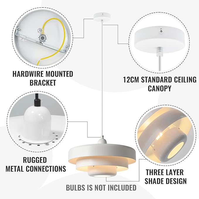13.8" White Industrial Pendant Light, Mid Century Modern Nordic Adjustable Hanging Lamp for Kitchen Island, Dining Room, Living Room, Hallway Ceiling Light Fixture