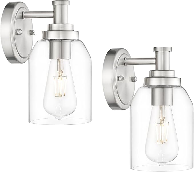 zeyu Industrial Brushed Nickel Sconces Set of 2, Bathroom Wall Sconce with Clear Glass Shade, Indoor Sconces Wall Lighting for Bedroom Living Room Mirror, ZG33B-2 BN