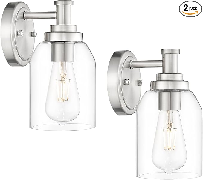 zeyu Industrial Brushed Nickel Sconces Set of 2, Bathroom Wall Sconce with Clear Glass Shade, Indoor Sconces Wall Lighting for Bedroom Living Room Mirror, ZG33B-2 BN