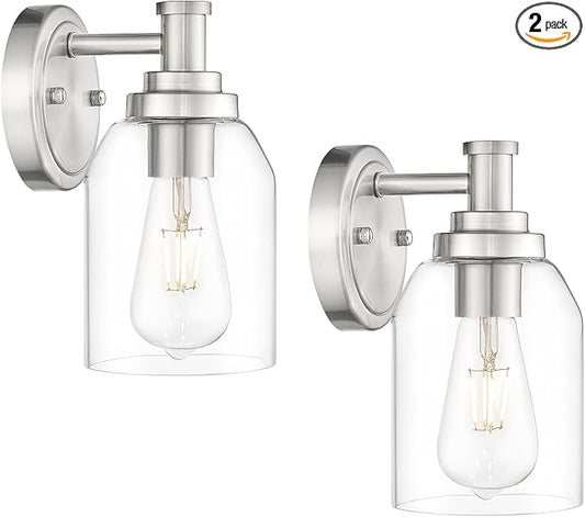 zeyu Industrial Brushed Nickel Sconces Set of 2, Bathroom Wall Sconce with Clear Glass Shade, Indoor Sconces Wall Lighting for Bedroom Living Room Mirror, ZG33B-2 BN