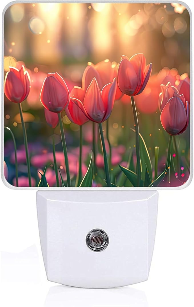Tulip Flowers Night Light, Plug-into Pink Floral Nightlight White LED Lamp, Energy Efficient Decor Desk Lamp for Bedroom Hallway Stairs Bathroom