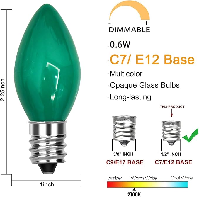 25 Pack C7 LED Replacement Christmas Light Bulb, C7 Green Replacemen Bulbs for Outdoor String Lights Window Candles Chandeliers Salt Lamp, E12 LED Bulb Dimmable, 0.6W Night Light Bulb -Green