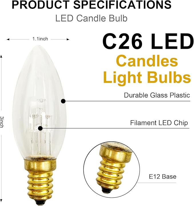 6 Pack C26 LED Replacement Bulbs,3V Clear Torpedo Tip Light Bulbs,E12 Candelabra Light Bulbs Soft White Glass Light for Battery Operated LED Window Candle Lights, Christmas Decor