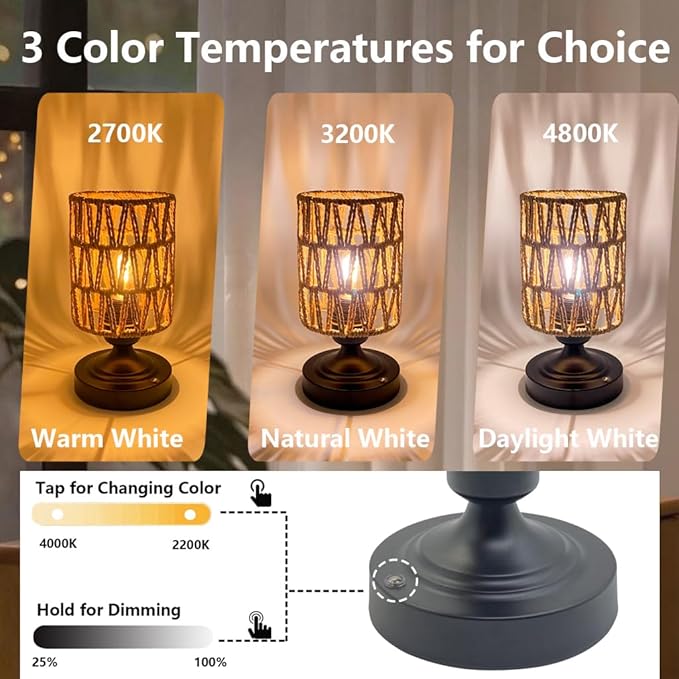 Cordless Rechargeable Table Lamps Night Light Desk Lamp, Battery Operated Farmhouse Table Lamp Boho Rattan Shade Stepless Dimmable for Outdoor Patio, Living Room, Bedroom (Bulb Included)