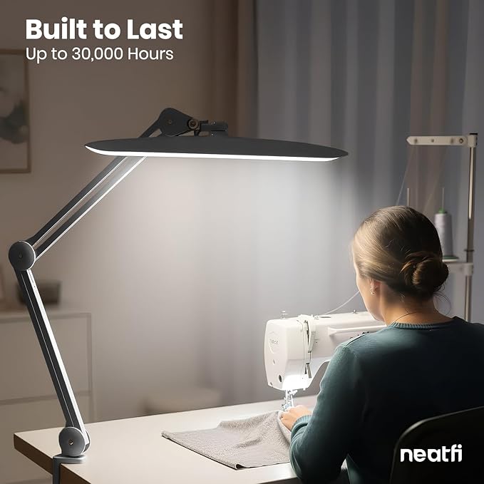Neatfi XL 2200 Lumens 24W LED Desk Lamp with Clamp - Shadow-Free Task Lighting | 4-Level Dimming | Home Office & Crafts Use | 20-Inch Wide Head (Non-CCT, Space Gray)
