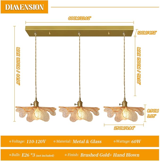 Mid Century Modern Chandelier 3 Light Glass Pendant Lights with Hand Blown Amber Glass Shade Brass Pendant Light Farmhouse Gold Adjustable Hanging Light for Kitchen Dining Room Bedroom