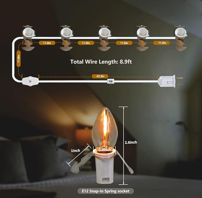 LED Accessory Cord with 5 LED Night Light Bulbs - C7 Christmas Village Light Accessory Cord - C7 led Bulb Warm White with Spare Fuse for Holiday Decoration and Craft Village House Decoration