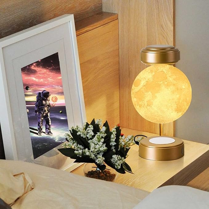 Levitating Moon Lamp Floating LED Night Lights with Luxury Iron Bracket 3D Printed Moon Light, 3 Colors Modes for Home Office Room Decor,Gold