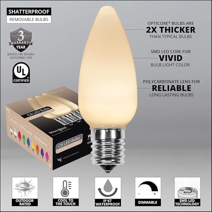 Wintergreen Lighting C9 OptiCore LED Commercial Outdoor Christmas Lights – Heavy Duty Christmas String Lights; Green Wire (25 Lights, 25 ft, Warm White Smooth/Opaque)