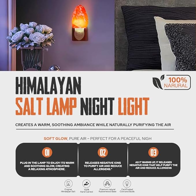 Himalayan Natural Salt Night Lamps, Night Lamp with 360 Degree Rotatable Wall Plug with Extra Replacement Bulb, Hand Carved Natural Lamp for Bedroom & Home Decors