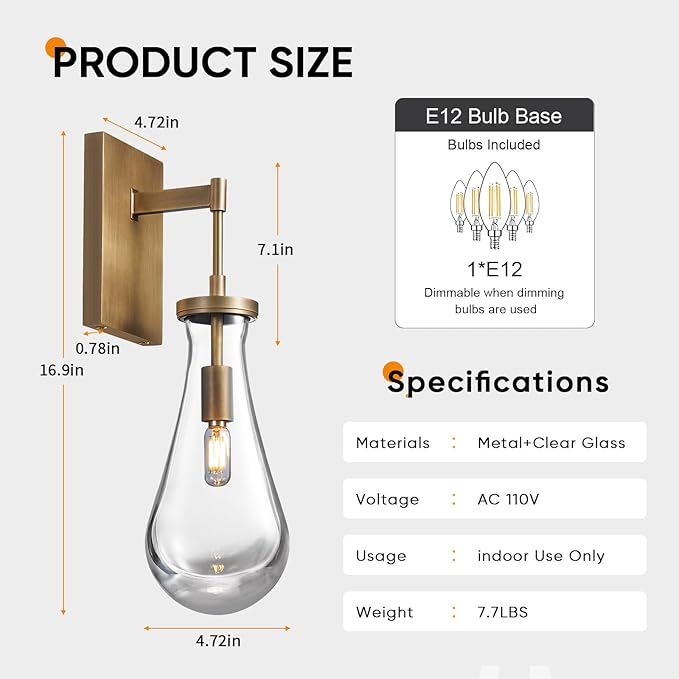 17" L Wall Sconces,Morden Wall Lights Fixtures Raindrop Wall Sconce Bathroom Vanity Light Brass Wall Lamps for Living Room,Bedroom,Hallway,Stairs,Indoor