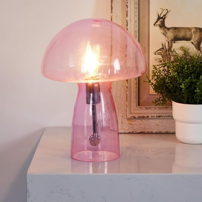 Urban Lifestyle Hot Pink Mushroom Lamp,12" Glass Novelty Table Light, Plug-in Retro Decor for Bedroom, Living Room, Dorm