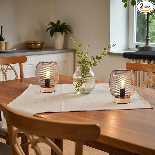 JHY DESIGN Set of 2 Dimmable Touch Bedside Table Lamps 7.5''H Metal Cage Rechargeable Battery Powered Accent Lamps with LED Bulb for Dining Table Parties Patio Indoors Outdoors(Round, Wooden Base)