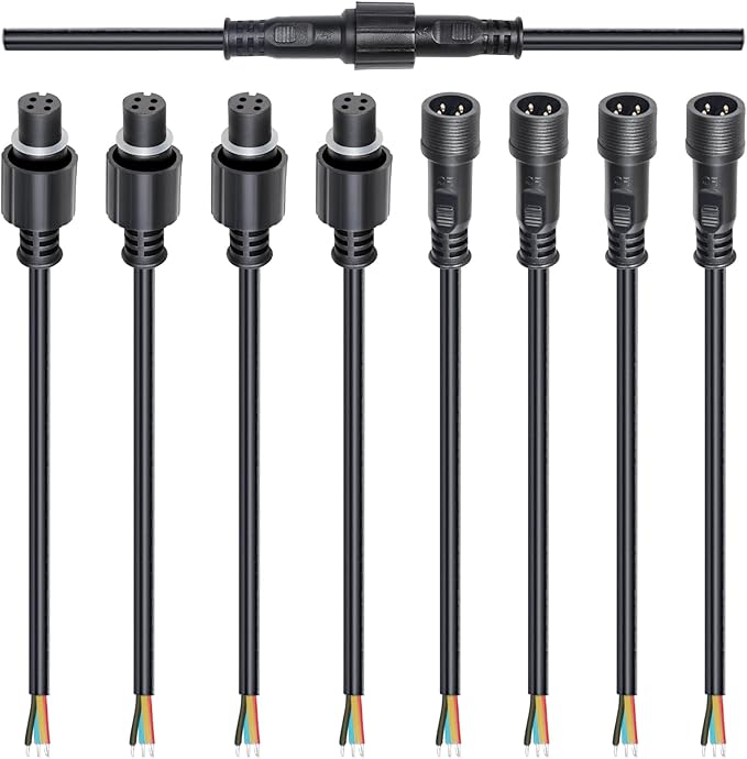 MAD OWL 4-Pin Waterproof LED Wire Connector Kit, 20 AWG 11inch/28cm Male Female Connectors with Tin Plated Joint for Various Waterproof Wires DIY (4 Set Black)