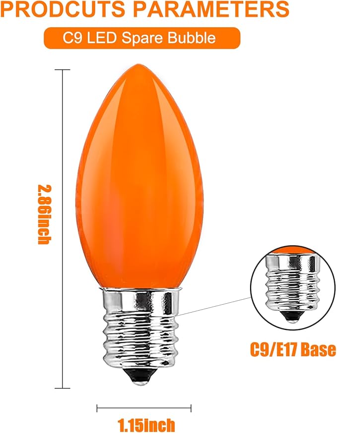 GOOTHY 25 Pack C9 LED Orange Halloween Light Bulbs, E17 Intermediate Base Shatterproof LED Orange Replacement Light Bulbs for C9 Christmas Outdoor String Lights, 0.6W Night Light Bulbs, 2700K