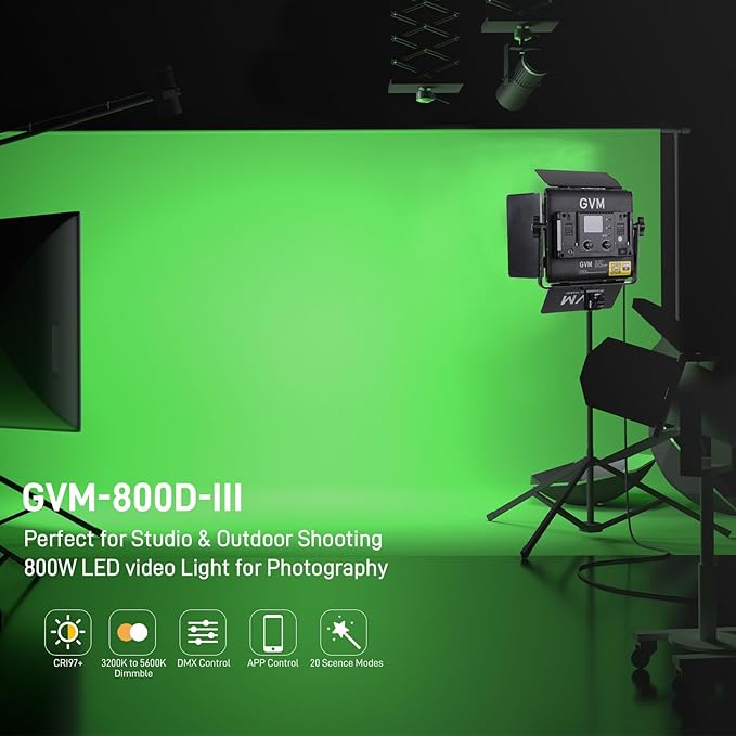 GVM 800D RGB LED Video Light, 2026 Upgraded Panel Light with Optical Lens & 6X Brighter (19500 Lux/0.5m), 3200K-5600K Bi-Color, 20 Scene Modes & CRI97+, Studio Lights, Photography Lighting, 2-Packs