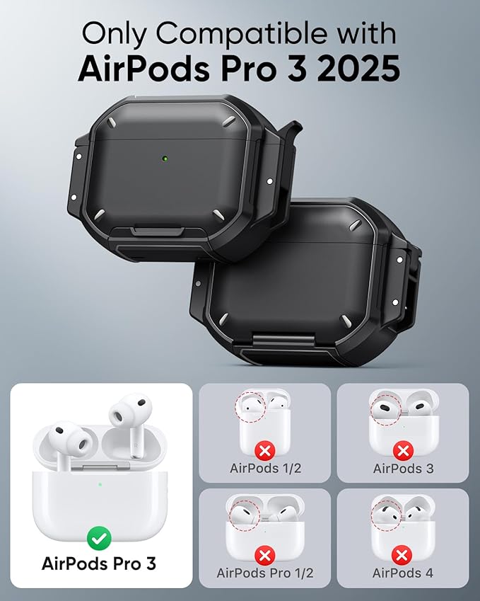 MoKo for AirPods Pro 3 Case with Secure Lock - IP68 Waterproof Case for iPods Pro 3, Military-Grade Protective Cover Earpods Pro 3 with Keychain, Phone Stand & Cleaner Kit, Black