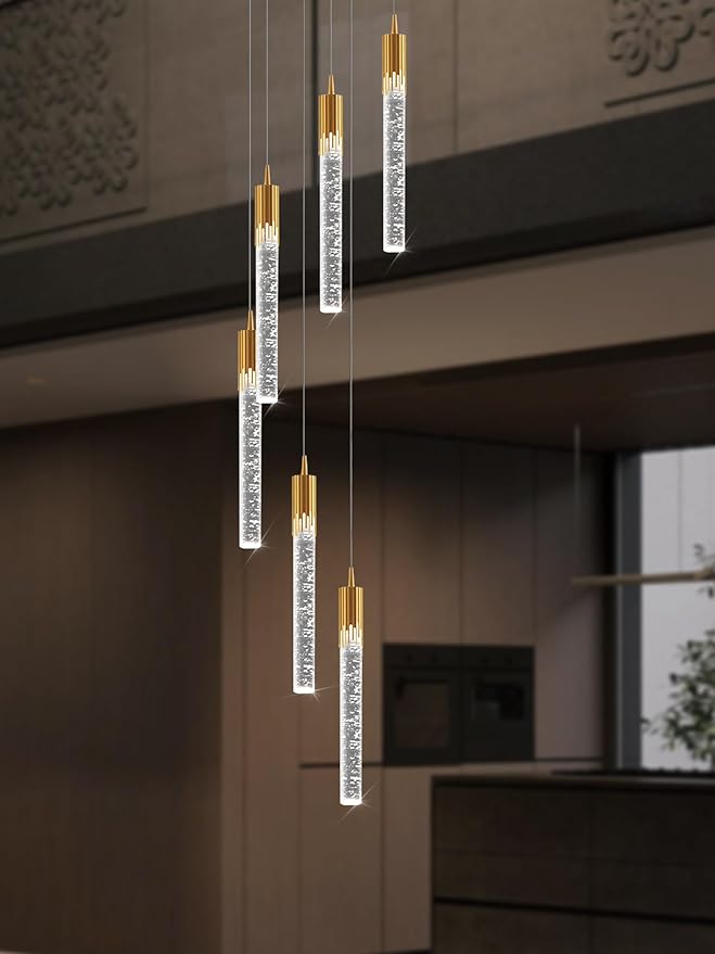 Flashing God 6-Lights Gold Modern Chandelier for High Ceiling Crystal Bubble Chandelier Light Fixture,Luxury Modern Pendant Light Fixture for Dining Room Dimmable with Remote