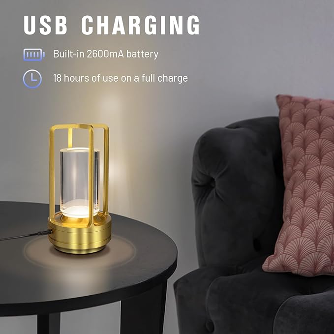 Cordless Table Lamp for Outdoor Indoor, Portable Rechargeable Battery Powered LED Crystal Lantern Lamp, 3 Color Touch Control Stepless Dimming, Small Desk Light for Restaurant Home (Gold)