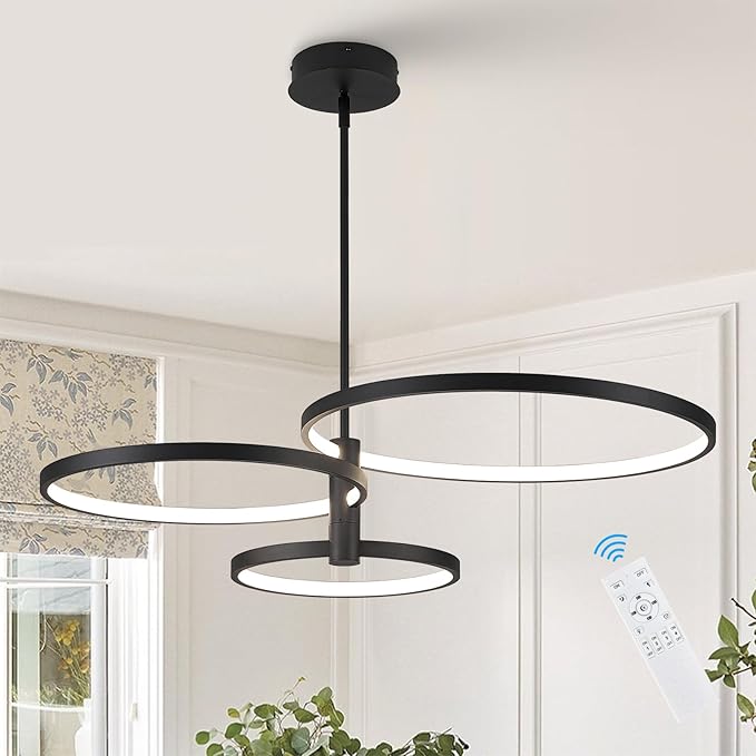 Modern LED Chandelier, 3-Ring Black Chandeliers for Dining Room Contemporary Flush Mount Chandelier Light Pendant Light Fixture for Kitchen Island Closet Living Room Bedroom