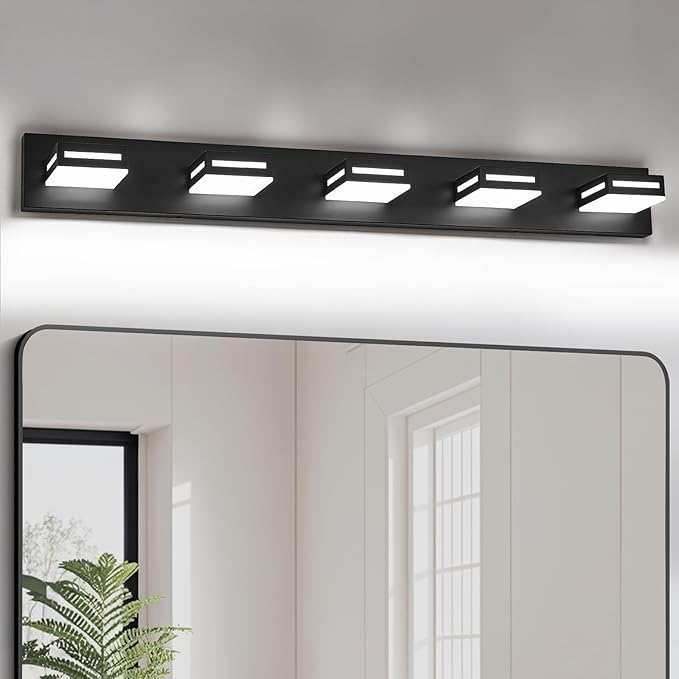 40-Inch 5-Light LED Modern Black Bathroom Vanity Light Fixtures Over Mirror, Bathroom Lighting Fixtures with Cool White 6000K, Vanity Wall Lights for Bath Restroom Powder Room