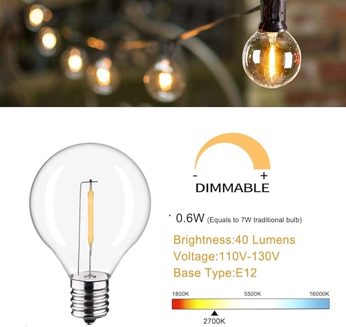 KGC Plastic C7/G40 Replacement LED Light Bulbs - 0.6W Equivalent to 7W Incandescent Bulbs 2700K, E12 Screw Base Shatterproof & Waterproof LED Globe Light Bulbs for Outdoor String Lights (25 Pack)