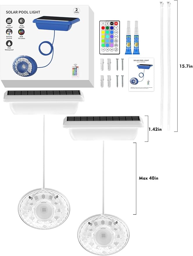 Solar Pool Lights, Solar Powered Submersible LED Lights with Remote IP68 Waterproof 16 Colors Underwater for Above Ground Inground Pool, Pond (White,2 Pack)