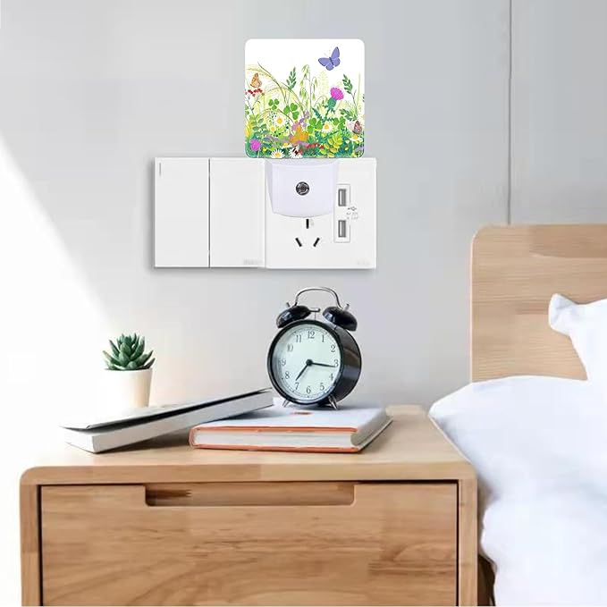 Spring Butterfly Plug-in LED Night Light,Floral Wildflowers Auto Dusk to Dawn Sensor Nightlights Plug into Wall,Flower White Energy Efficient Night light for Bedroom,Bathroom,Kitchen,Stairs,Hallway