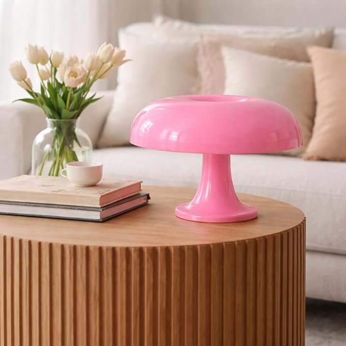 Pink Mushroom Lamp, Mid Century Modern Table Lamp for Bedroom, Minimalist Mushroom Decor Bedside Small Lamps, 2700K(Bulb Included, Plug Powered)