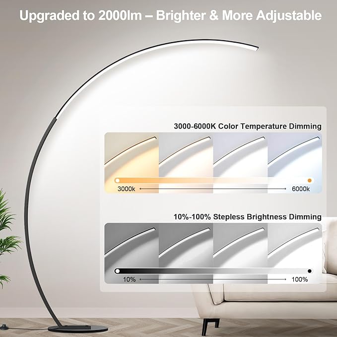 【Upgraded】Dimmable Floor Lamp with 3 Color Temperatures, Ultra Bright 2000LM Arc Floor Lamps for Living Room, Modern Standing Tall Lamp with Remote Control Reading Floor Lamp for Bedroom Office