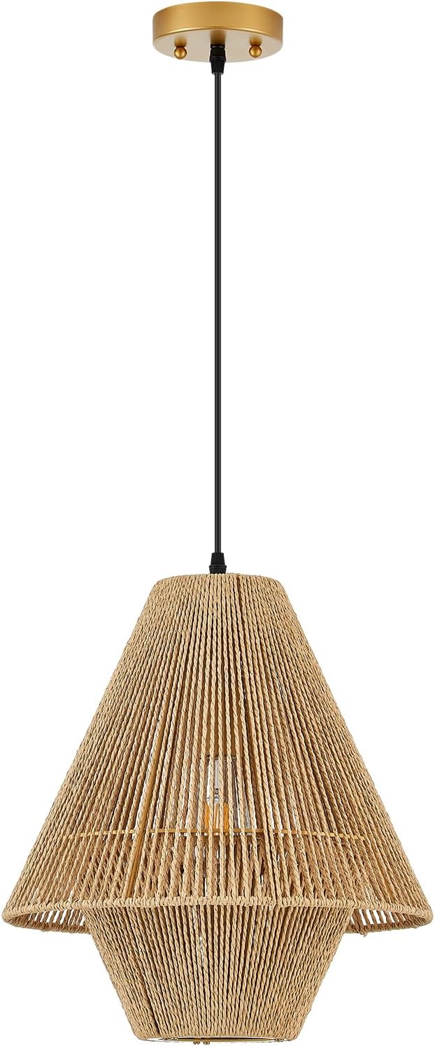 15” Boho Hand Woven Rattan Pendant Light Classic Coastal Chandelier for Kitchen Island Dining Room Hallway, UL Listed