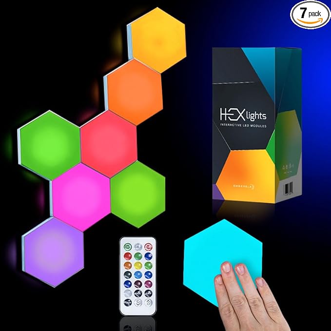 Emberela HEXlights 7-Pack Hexagon Lights, Touch and Remote Controlled RGB Wall Panels - LED Light Panels for Living Room, Bedroom, Game Room Decor - Tabletop Stand Included
