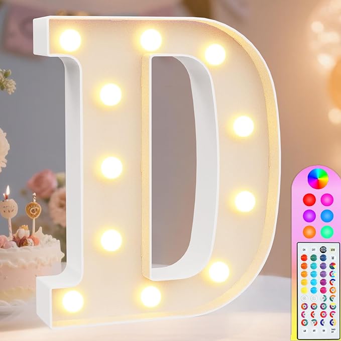 Pooqla Colorful Light Up Letters with Remote, Upgraded 35 Colors LED Marquee Letters, RGB Lighted Letter for Girls Teenager Gift, Birthday, Party, Wedding, Night Light, Room, Bedroom Decor, Letter D